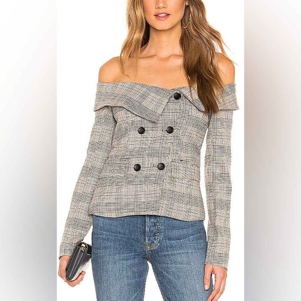 superdown Off-Shoulder Checkered Blazer